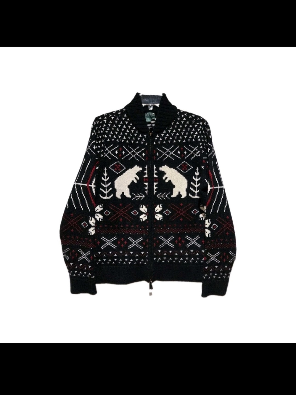 Lambswool Black Fair Isle Zip-Up Sweater with Cream Bear Motif